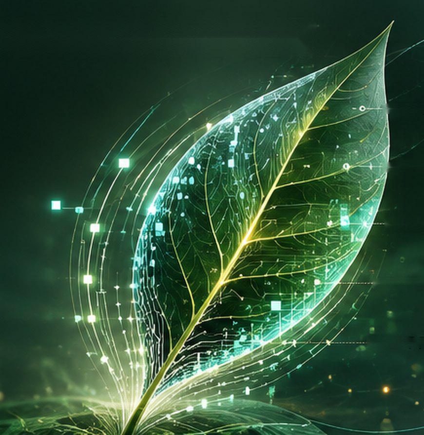 A luminous leaf whose veins form a connected network of glowing nodes, representing growth, technology and connected intelligence.